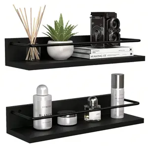 2 Pack Black Floating Shelves With Metal Guardrail, Modern Wall Mounted Storage Shelves For Home Decor, Decorative Wall Shelf Organizer For Bathroom, Bedroom, Kitchen, Living Room, Sturdy Display Shelves For Cosmetics, Books, Plants And Small Items
