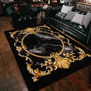 Luxury Baroque Black Gold Frame Flannel Area Rug - Rococo Scroll & Marble Print Soft Mat for Living Room & Bedroom, Non-Slip Home Decor, Decorative Rug