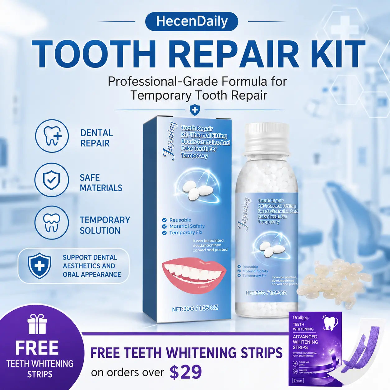 Mouldable Denture Pellets Mouth Care Kit, 30ml Single Item Temporary Repair Solution for Making False Teeth, Filling Gaps & Chips, Supports Dental Aesthetics & Oral Appearance (Multi-Pack)