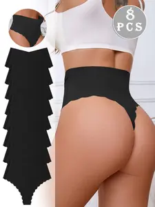 Women's High-Waisted Scallop Design Ice Silk Underwear Set, Breathable Comfort All-Season Fitted Panties, Marble Pattern Casual Style