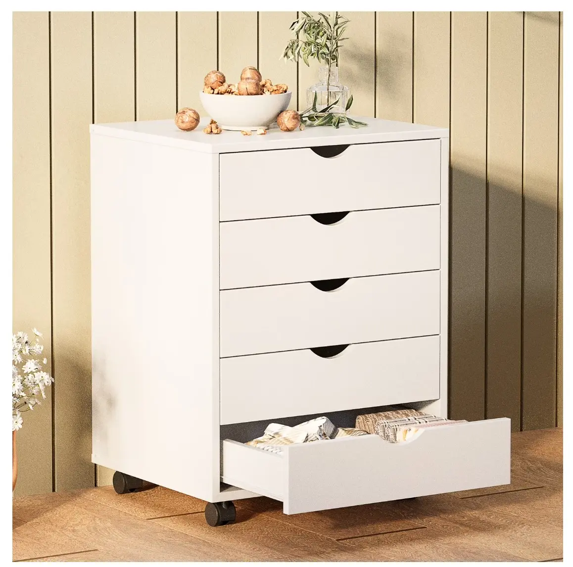 5-Drawer Portable Storage Cabinet on Wheels for Office, Bedroom & Home Organization, White