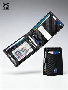 RFID Blocking Carbon Fiber Bifold Wallet, Slim Front Pocket with Money Clip, Anti-Scan ID Window, Minimalist Credit Card Holder for Men, Rfid Protected Wallet