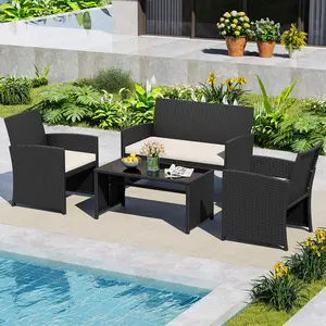 COSTWAY - 4 Pieces Patio Furniture Set with Tempered Glass Tabletop and Removable Cushion-White