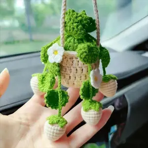 Crochet Strawberry Plant Car Mirror Hanging Basket Boho Rearview Charm Ornament Interior Decor Accessory for Vehicle Cute Design
