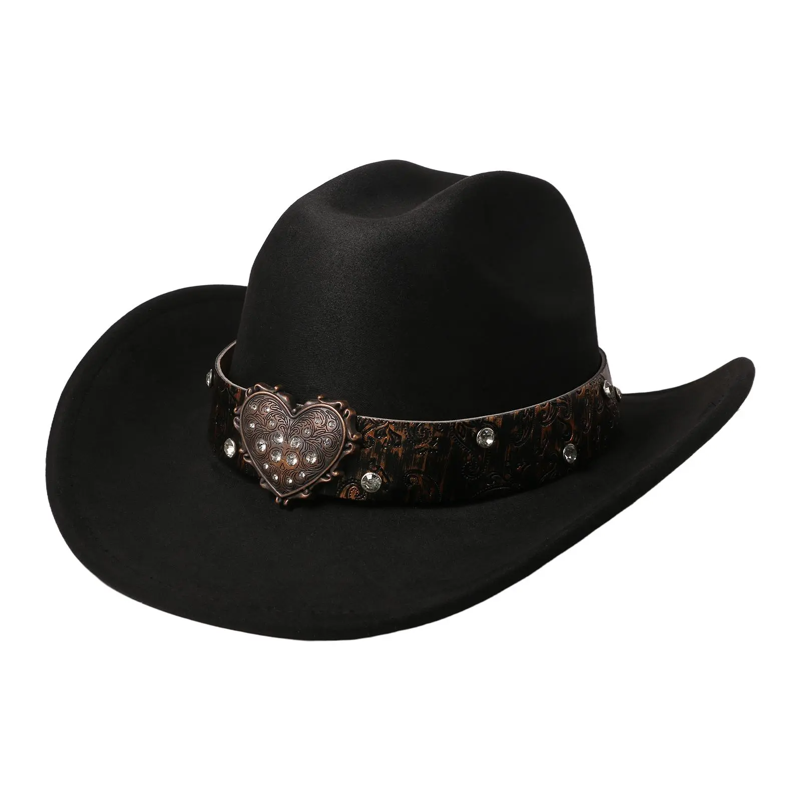 OIDEA Women's Faux Suede Western Fedora, Wide Brim Cowboy Hat with a Heart Rhinestone Band for Festivals and Casual Wear, Wide Brim Fedora, Diamond Band