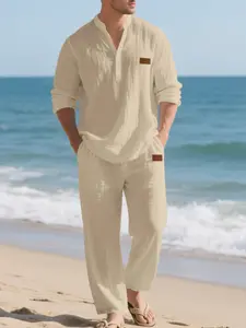 Men's Linen V-Neck Long Sleeve Shirt Set, Casual Slim-Fitting Fall, Breathable Loose Fit Henley Top & Pants