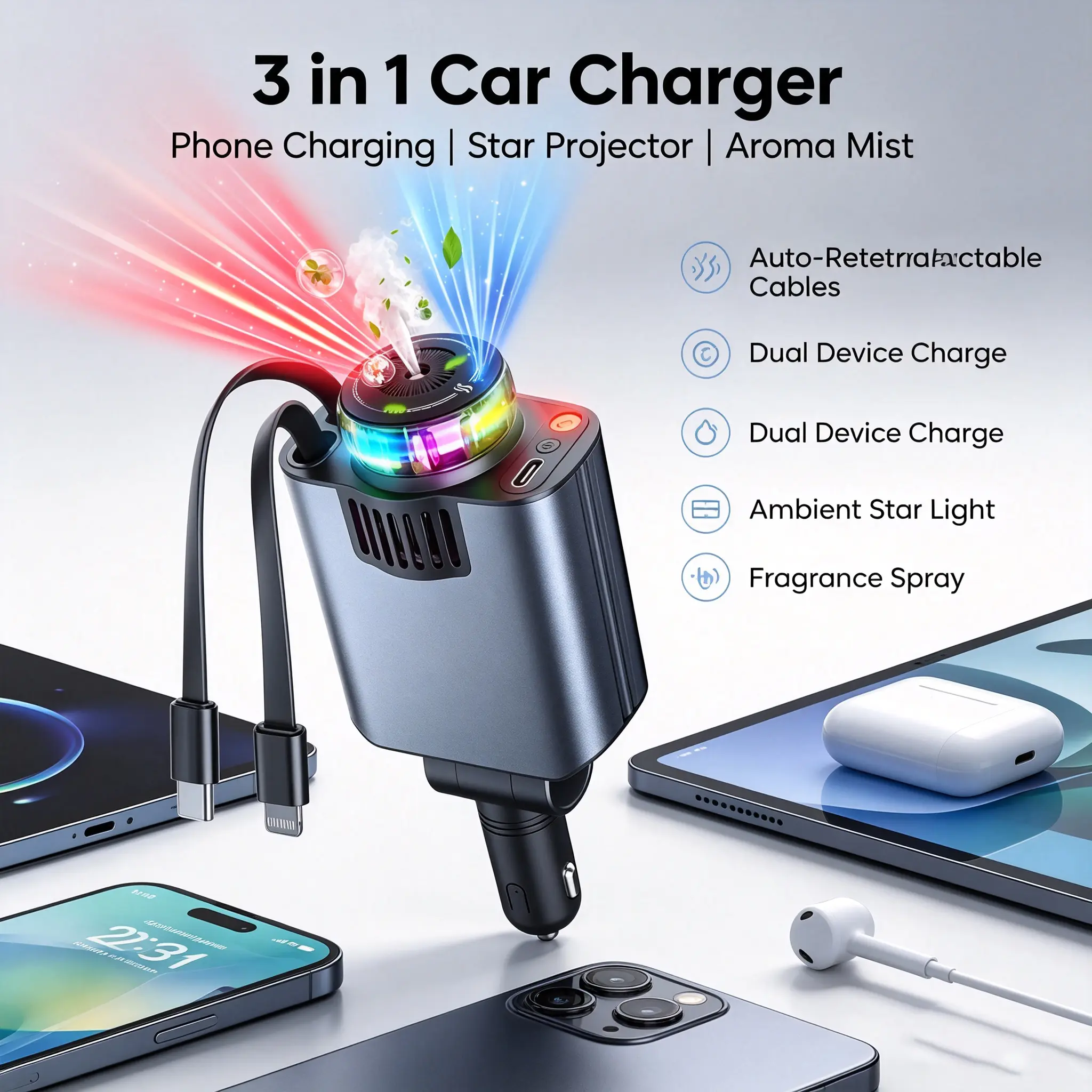 5 In 1 Fragrance Starlight Projector Retractable  PD 3.0 Fast Charging USB C Port Aromatherapy Diffuser  Freshener Extendable Charging Cable Compact Design Fast Phone  Compatible with iPhone Android Devices summerw