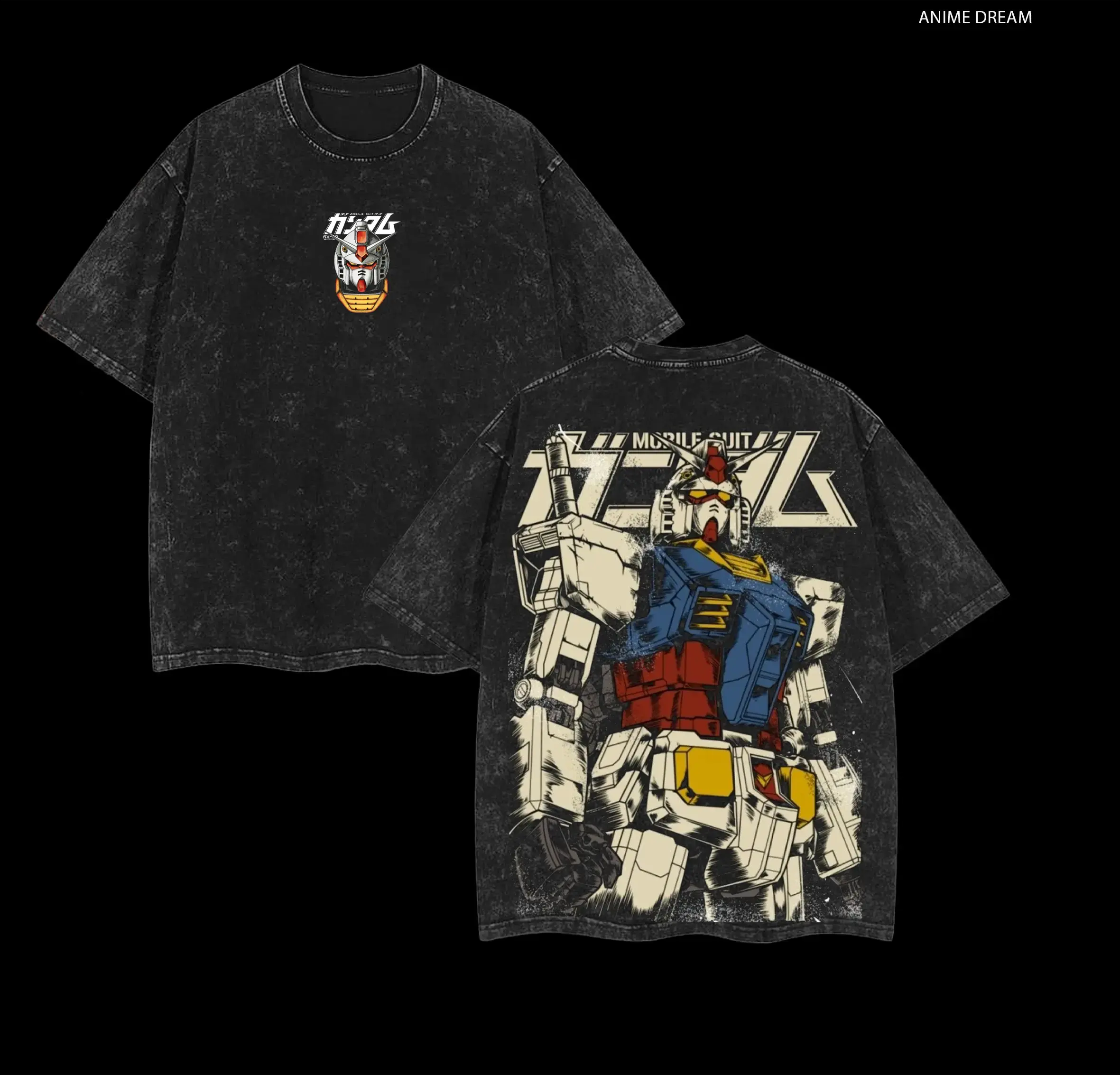 RX-78-2 Gundam,RX-0 Unicorn Gundam,Zaku II (MS-06), Gundam SEED,Astray Red Frame, Gundam Barbatos, RX-160S-2 Sinanju Stein (Ver. Ka) - Mobile Suit Gundam Anime Double Printed Vintage Washed Tee Unisex Oversize Anime Manga Washed Heavyweight Cotton T-shirt