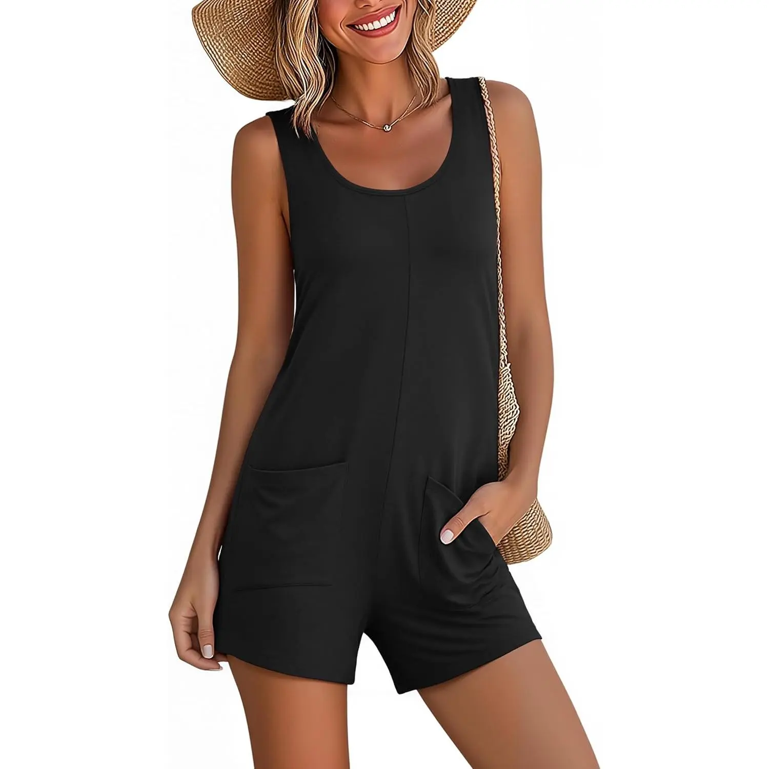 Women's Casual Romper, Sleeveless Stretchy Loose Fit Jumpsuit with Pockets, Chic Summer Outdoor Beach Vacation Outfit, Aesthetic, Bag, Sun, Lightweight, Soft, Comfortable