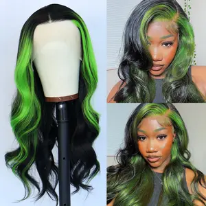 Aodbar hairs Green Ombre Highlight Color Long Body Wavy Synthetic Lace Frontal Wig 13X4 Transparent Lace Front Wig Heat Resistant Fiber Hair Black and Green Color Wavy Wig for Women Green Skunk Stripe Loose Deep Wavy Wig Heat Resistant Fiber Hair,summervi