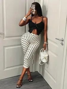 2026 Viral Stretchy Soft White Polka Dot High Waist Capri Pants, Ultra Breathable Fabric, Bodycon Slimming Fit, For Night Out, Date Night, Casual Streetwear, High Rise Tummy Control, TikTok Fashion Must-Have, Trendy Black & White Printed Bottoms