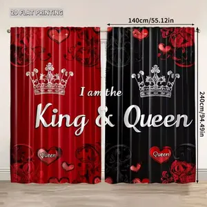 2 pieces, 2D flat, king and queen theme curtains, 100% polyester, transparent curtains, rod design, semi-blackout, suitable for bedroom and living room study home decoration, suitable for Christmas curtains, Window Curtain