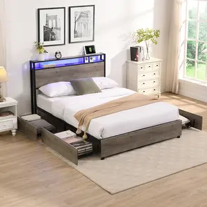 Queen Platform Bed Frame with Storage Headboard, LED Lights & Charging Station, Solid and Stable, Queen Platform Bed Frame for Bedroom, Noise Free, No Box Spring Needed, Easy Assembly,Antique Gray