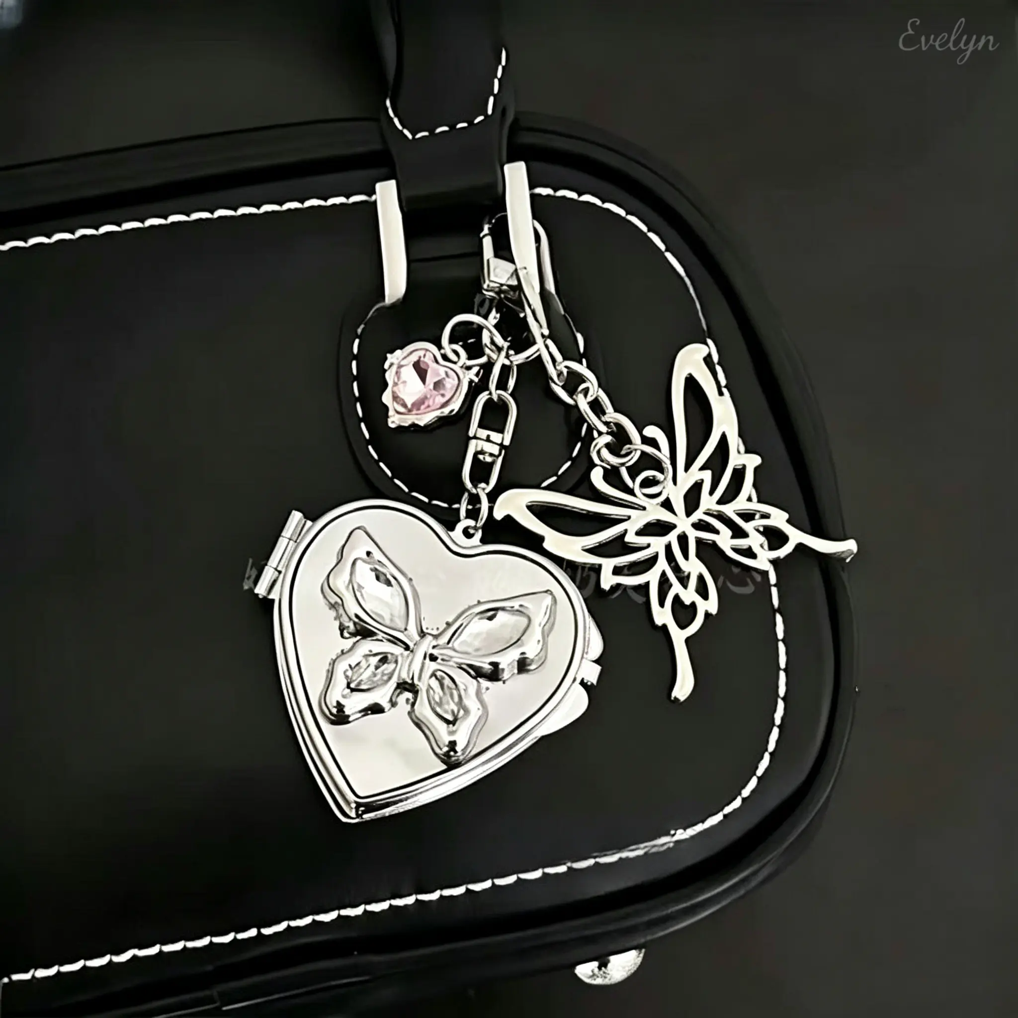 Y2K Heart Locket Bag Charm Keychain, Silver Tone Hollow Butterfly Gummy Bear Crystal Multi Charms Clip Key Ring, Openable Photo Storage Pendant Backpack Accessory for Teen Girls Street Styling