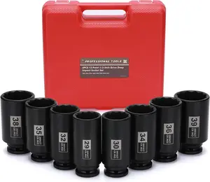 8 count 1/2" Deep Axle Nut Impact Socket Set, CR-MO, 12 Point Design, Metric, 29,30,32,34,35,36,38,39mm, 1/2 Inch Extra Deep Impact Socket