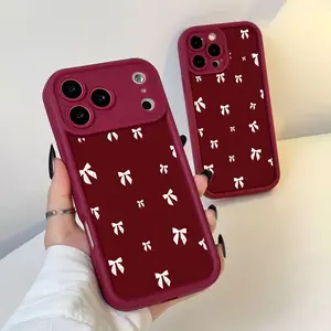 Easy Red Background Bow Pattern Red TPU Material Shockproof iPhone Case for iPhone 17 Pro Max 16 16e 15 14 Plus 13 12 Mini 11 Air X XS Soft TPU Cover with Camera Lens Protection, Durable Slim Design