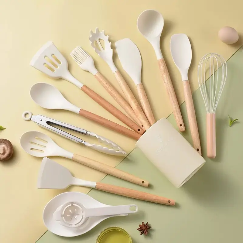 14 Pcs Silicone Cooking Utensils Set, Heat Resistant Spatula Turner, Wooden Spoons, Kitchen Cooking Accessories, Kitchen Gadget Tools, Kitchen Utensils Gadgets for Nonstick Cookware