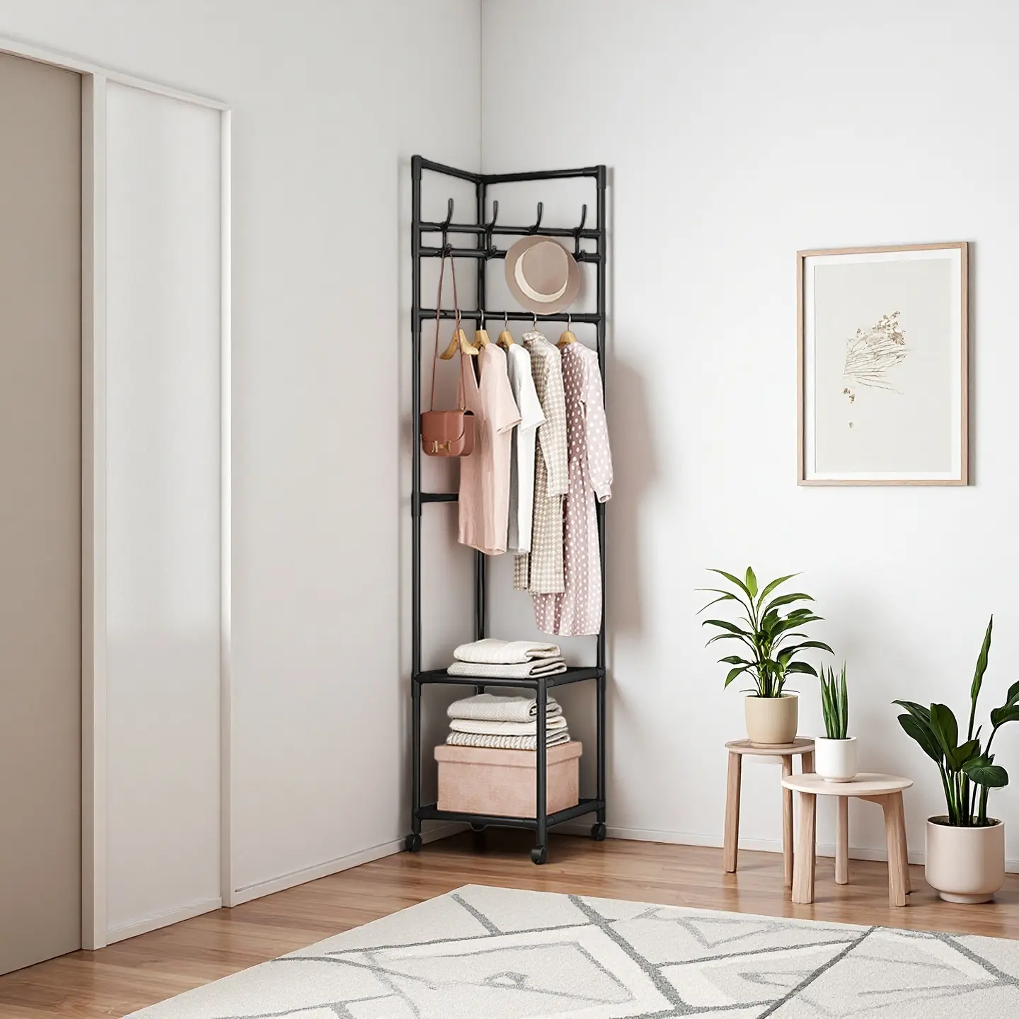 SUOERNUO Black/White 2-Tier Freestanding Metal Corner Coat Rack - Clothes Organizer with 4 Hooks, Storage Shelves, 360° Swivel Wheels for Room Decor, Closet Organization, Apartment Decor, Small Space Use (Bedroom/Entryway)