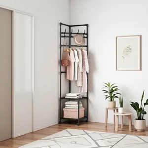 Black 2-Tier Freestanding Metal Coat Rack with 360 °   Swivel Wheels, Space-Saving Organizer with 4 Hooks & Storage Shelves for Bedroom/Entryway