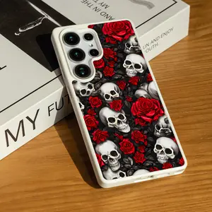 Dark Gothic Skulls & Red Roses Matte Magnetic Phone Case for SAMSUNG S22/S23/S24/S25/FE/ULTRAP/PLUS Series, Strong magnetic adsorption, Shock and drop resistance Halloween Acrylic Wireless