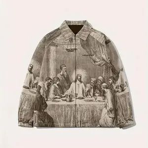 LEDUNTINO Men's Casual Jacket with Full-Body Digital Print Design from Leonardo da Vinci's "The Last Supper" Black and White Artistic Style Zipper Closure Long Sleeve Fashion Menswear Coats