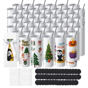 50-Pack 20oz Skinny Straight Sublimation Tumbler Bottles, Stainless Steel Blank Double-Wall Insulated Portable Tumblers with Lid, Straw & Gift Box for Heat Transfer Customized Gifts