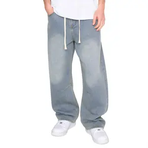 Men’s denim  — vintage washed straight-leg fit, drawstring design for easy pull-on and versatile casual wear; regular-season everyday long pants wide-leg good jeans fashion
