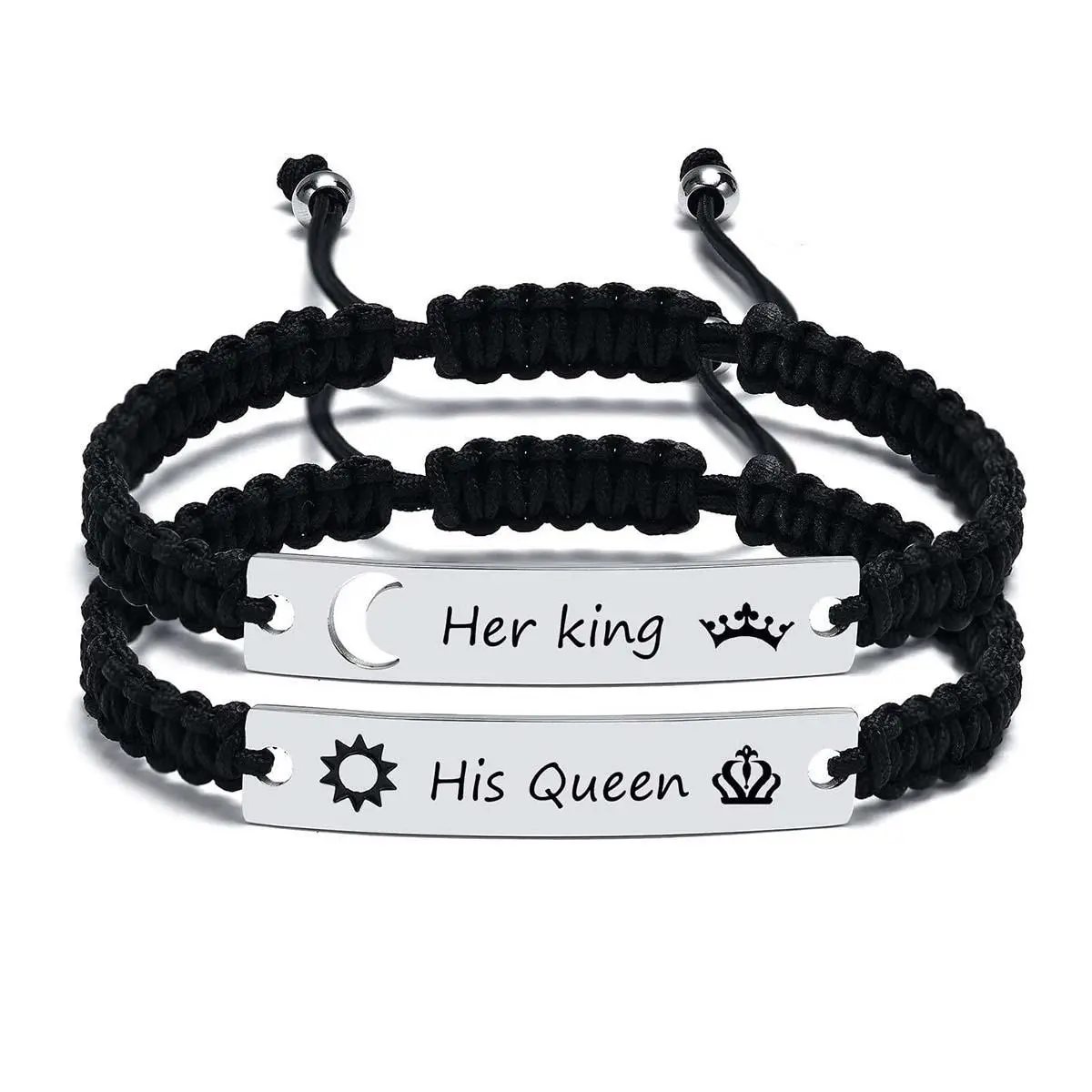 Stainless steel couple's bracelet set with curved plates, moon cutouts, and adjustable woven design.
