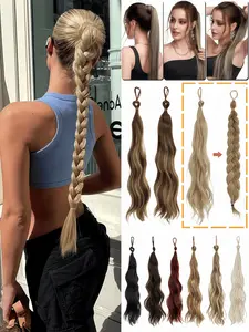 DIY Long Braid Ponytail Extension (with elastic band), Bohemian box braids, colored braided ponytail for extra volume, hair styling essential for updos, available in multiple shades, highlighted hair strands, hairstyle upgrade