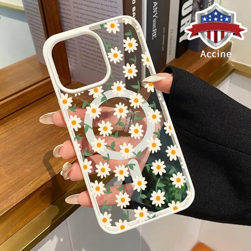 Romantic Daisies Pattern Magnetic Phone Case Supports Wireless Charging for iPhone 15 16 14 Pro Max 13 12 11 XR XS Plus Shockproof Non Slip Protection Silicone Transparent Acrylic Cover Cellphone Protective
