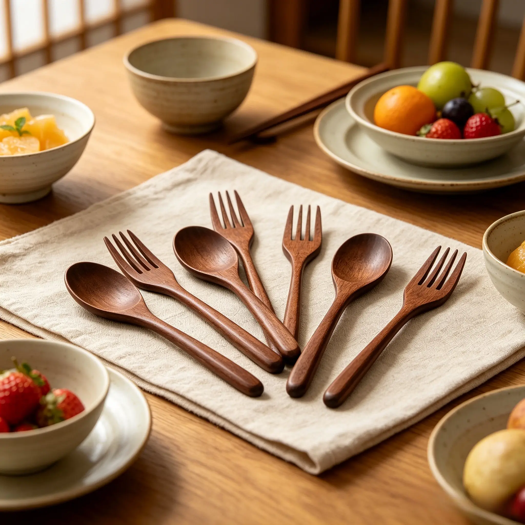 10-Piece Natural Wood Cutlery Set - Wooden Tableware Set, Reusable Handmade Kitchen Utensils, Spoons and Forks for Home Eating, Cooking