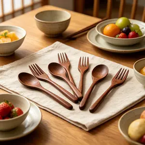 Wooden Spoons and Forks Set – 10 Piece Natural Wood Utensils for Eating, Reusable Flatware Tableware, Handmade Cutlery Includes Spoons & Forks for Cooking and Kitchen