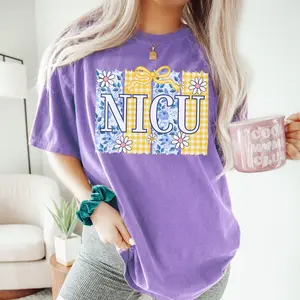 NICU Nurse Comfort Colors® Shirt Blue Toile Yellow Checkered Neonatal Intensive Care Unit Nurse Tshirt Newborn Nurse Tee NICU Nursing Gifts Cotton Fabric