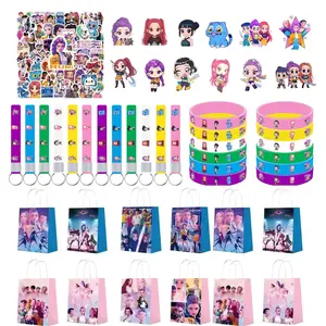 Korean cartoon girl group series children's party surprise gift set of five pieces, including 12 bracelets, 12 keychains, 12 gift bags, 50 fridge stickers, and 12 badges, allowing everyone to immerse themselves in the party Party Favors Party Supplies
