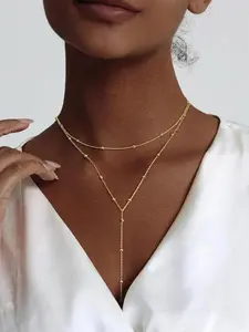 Double Layer Round Bead Chain Necklace, Fashionable and Simple Tassel Double Layered Round Bead Chain Necklace, Suitable for Daily Wear, Vacation and Dating Occasions