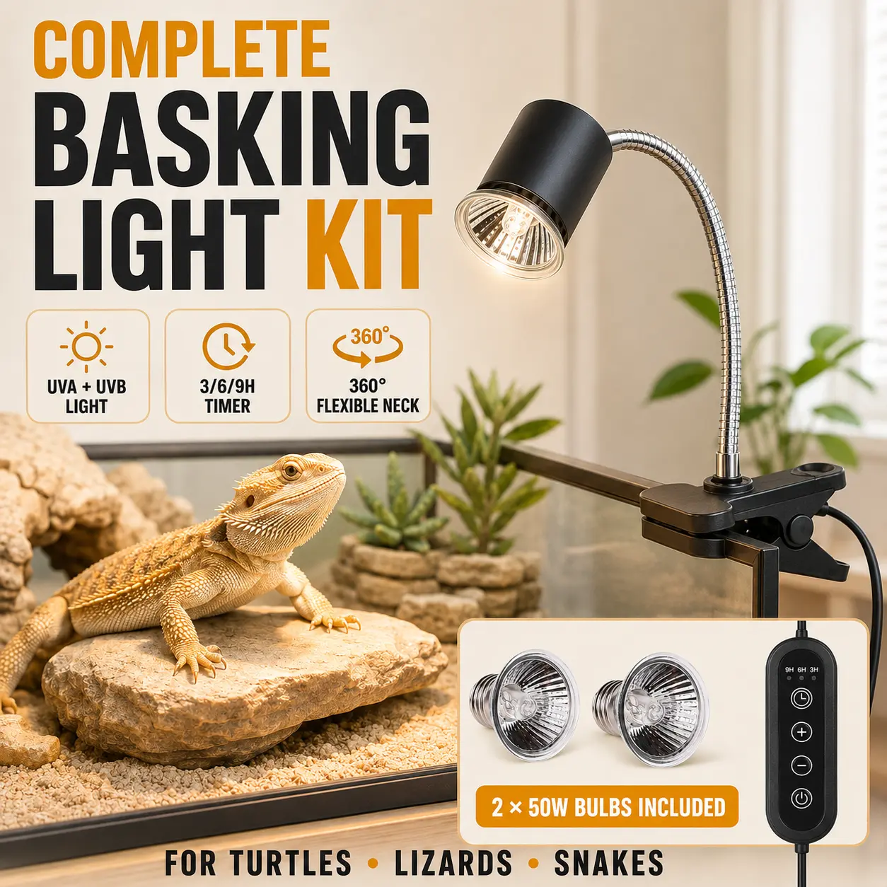 Reptile UVA+UVB Full Spectrum Basking Lamp with 360° Rotatable Adjustable Neck, Ceramic Heat-Resistant E27 Socket, 25W/50W Dimmable Bulb, 3/6/9H Auto Timer for Snakes, Bearded Dragons, Tortoises’ Indoor Habitats to Support Bone Health