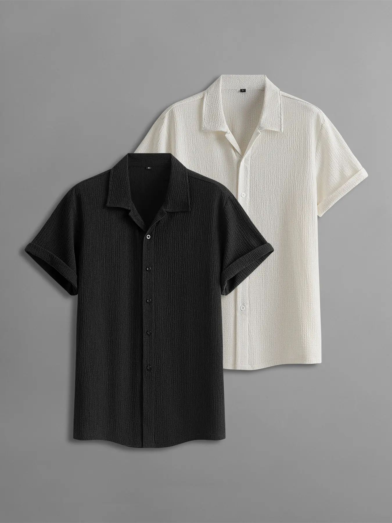 Men's 2-Pack Casual Short-Sleeve Menswear Shirts, Plain Black-Beige Tops with Textured Wrinkle Details, Loose Fit Versatile Summer Apparel