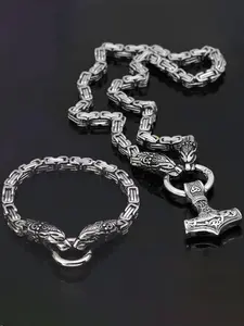 Viking Style Wolf Head Necklace Bracelet Set, Stainless Steel Punk Jewelry, Fashionable Jewelry Set, Unisex Party Accessory, High-Quality Gift