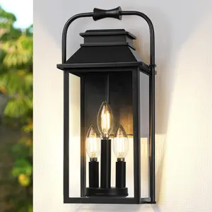 Outdoor & Indoor Light Fixture, 3-Lights Front Porch Light Fixtures with E12 Sockets & Glass Shade Anti-Rust Waterproof Black Wall Mount Lantern Sconce for House Gate Garage Patio