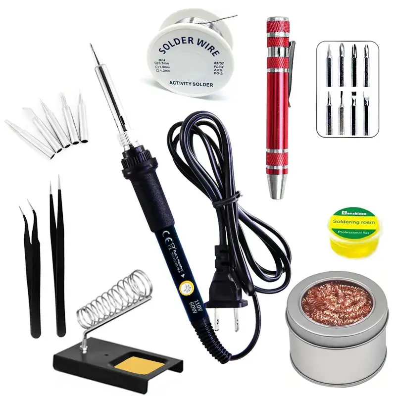 Electric Soldering Iron Welding Kit Home, Soldering Station, Fast Efficient Heat Transfer, Includes 5 Solder Tips, Tin Wire, Rosin, Tweezers, Stand, Cleaning Ball, 8-In-1 Screwdriver Pen, Tool Kit, Diy Soldering Kit