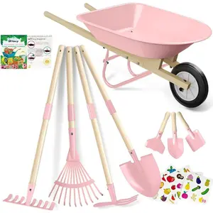 Kids Wheelbarrow Set with Gardening Tools Outdoor Backyard Garden Play for Toddlers Boys Girls 3-8, with Shovel, Rake, Leaf Rake, Easter Birthday Gifts (Pink Garden Set)