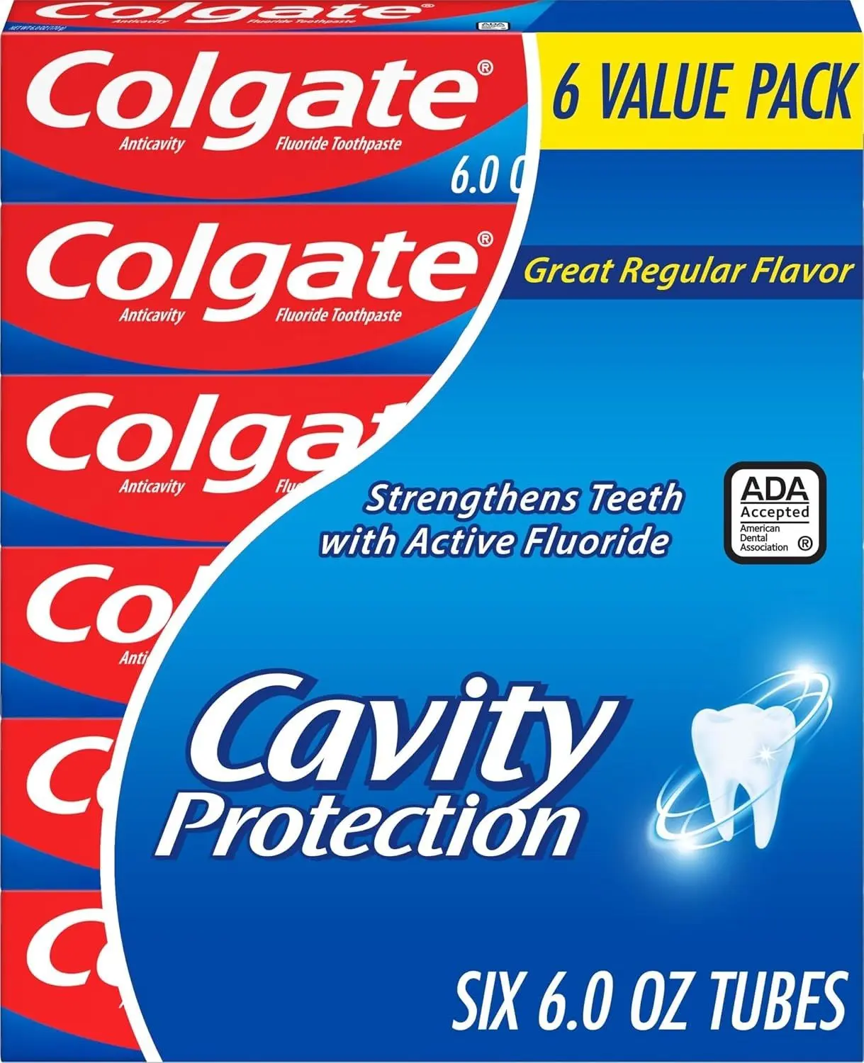 Colgate Cavity Protection Fluoride Toothpaste, Mint, 6 Pack, 6 oz | Bulk Anticavity Adult Toothpaste, Fights Cavities, Enamel Strengthening, ADA Accepted, Great Regular Mint Flavor