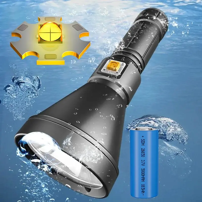XHP90 LED Professional Strong Light Diving Flashlight, 5000/2600mAh Long Battery Life Rechargeable High Power Diving Torch, Lighting, Waterproof Handheld Flashlight
