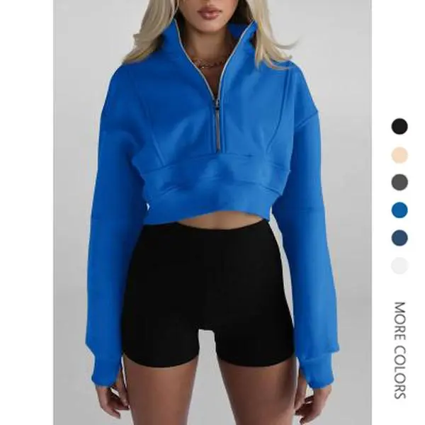 Danedvi Women's Half-Zip Cropped Sweatshirt - Casual Long-Sleeve Thumb Hole Top, Athletic Apparel, Sporty Sports Top, Sporty Sports Tops