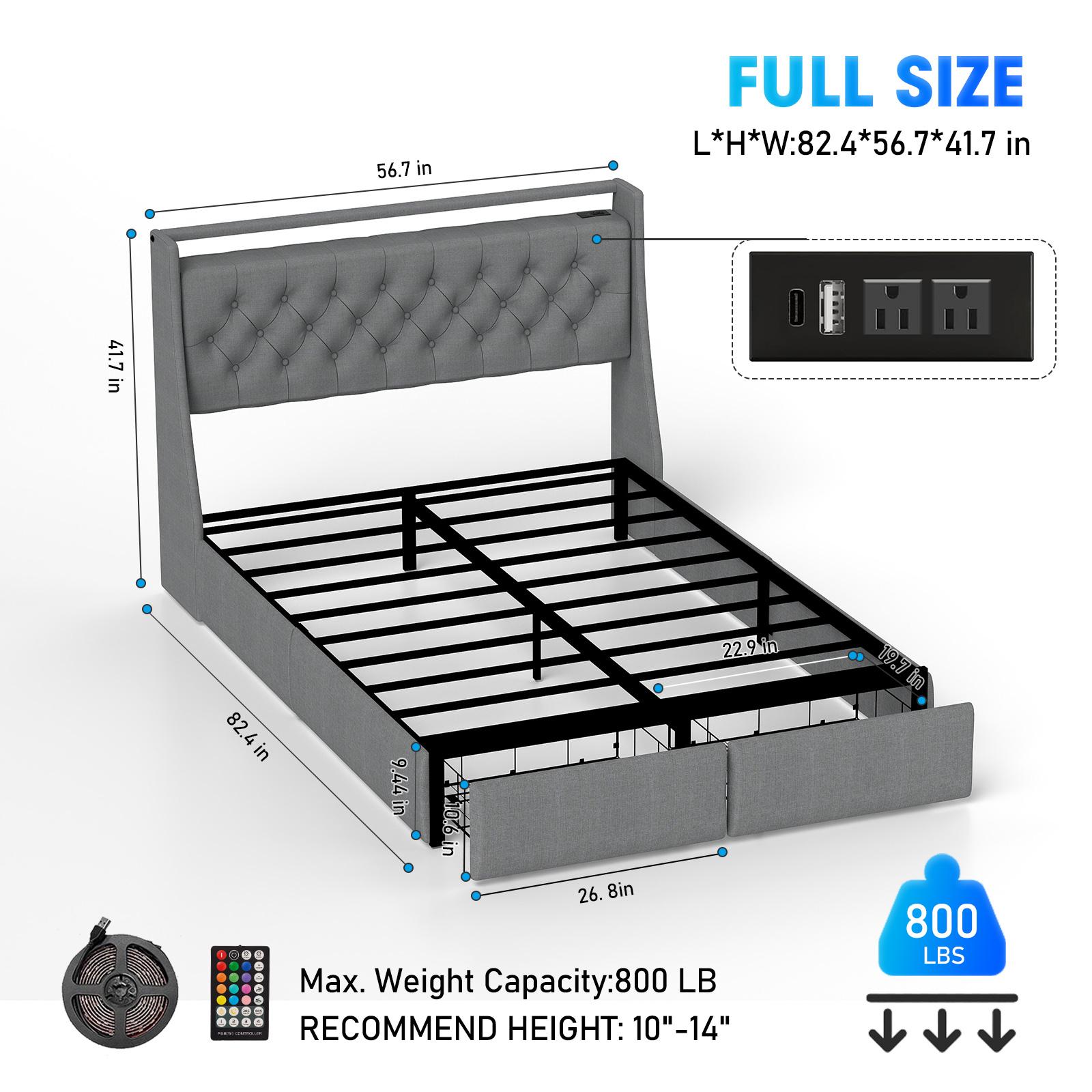 Full Size Bed Frame with Storage Headboard and 2 Drawer, Metal Full Bed Frame Platform with LED Light, Charging Station, No Box Spring Needed, Noise Free, Easy Assembly, Grey