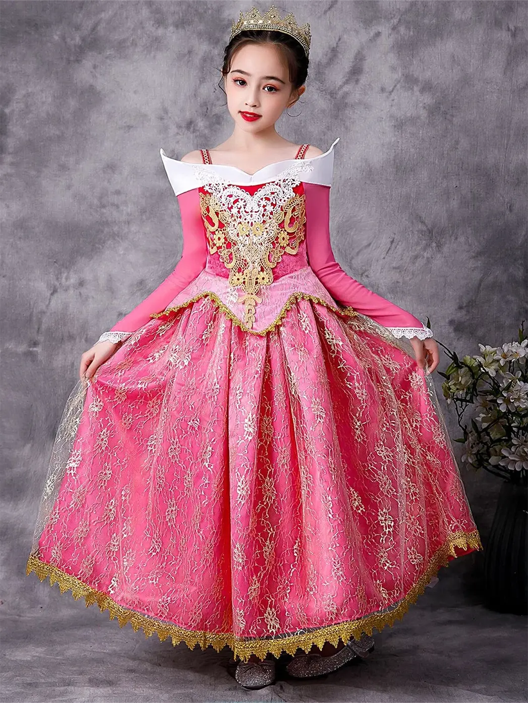 Girls' Off-Shoulder Pink Sleeping Beauty Princess Costume Outfit - Acrylic-Elastane Dress with 1 Pair x Gloves for Halloween, Birthday Party