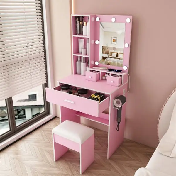 Vanity Table with Mirror & Adjustable LED Lights, Power Outlet, Hairdryer Holder & Stool – Compact Dressing Desk for Small Bedrooms (Pink)