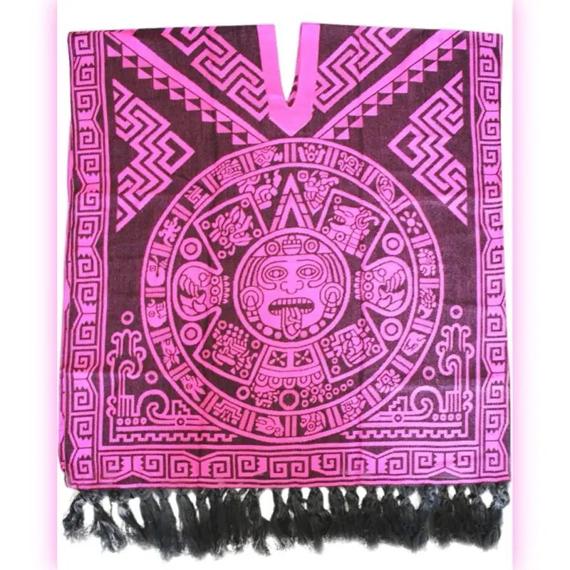 Hand Woven Mexican Aztec Calendar Poncho Shawl Gaban Pink Fringe
