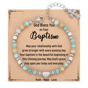 God Bless You On Your Baptism Gift Natural Stone Beaded Bracelet with Cross Heart Charm Christian Religious Jewelry Present for Goddaughter Niece Girls First Communion Confirmation Keepsake Faith Hope Love Blessing Card