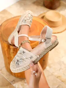 Women's Fashionable Plain Color Espadrilles, Casual Comfortable Ankle Wrap Sandals for Beach Vacation, Female All-match Round Toe Sandals for Daily Wear, Shoe